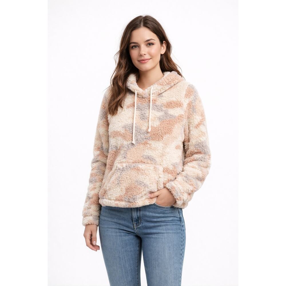 Hollister Pink Cream Camo Hoodie Women Plush Fleece Jacket M - G008